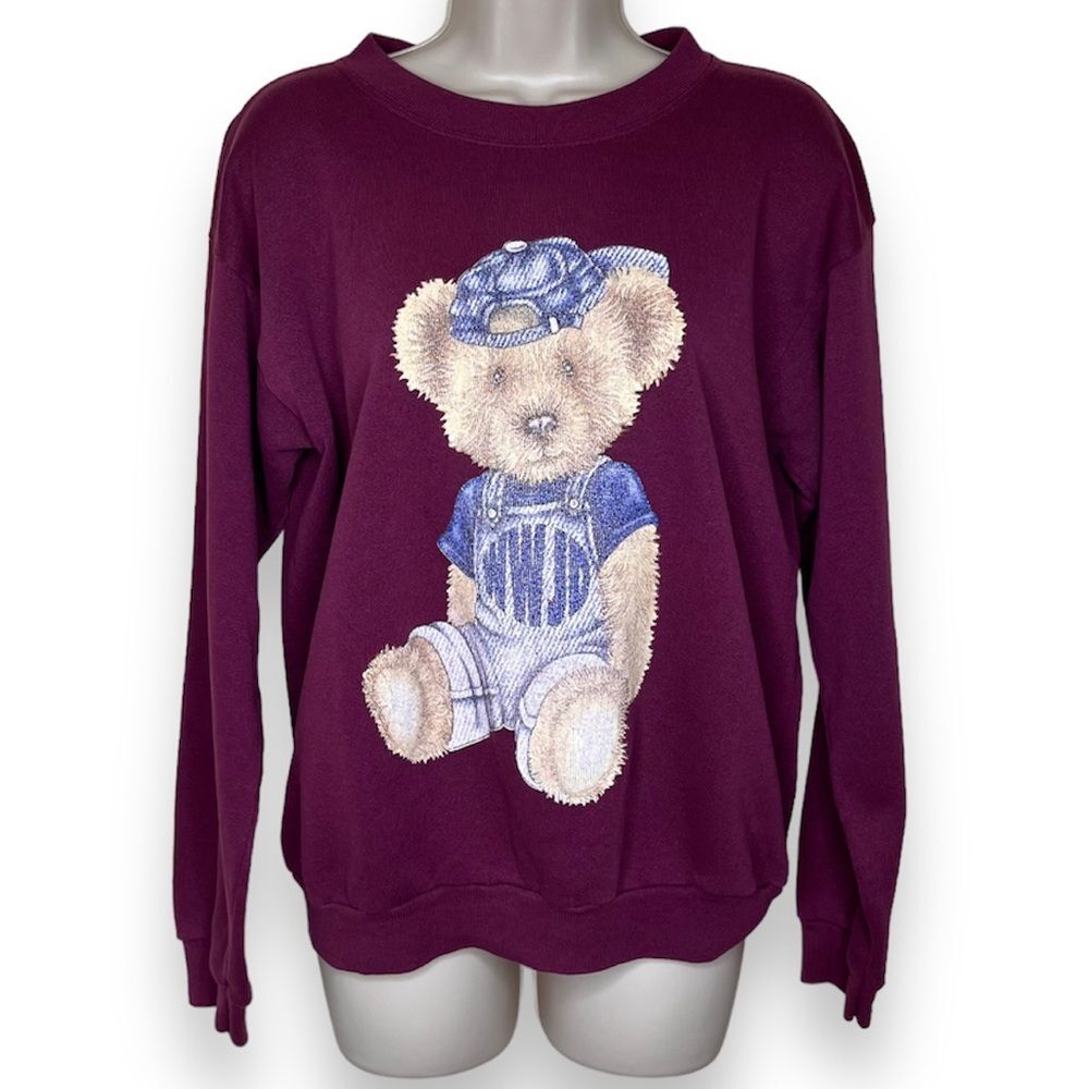 Vintage 1990s Competitor Sweatshirt Burgundy Overalls Bear WWJD Womens Medium